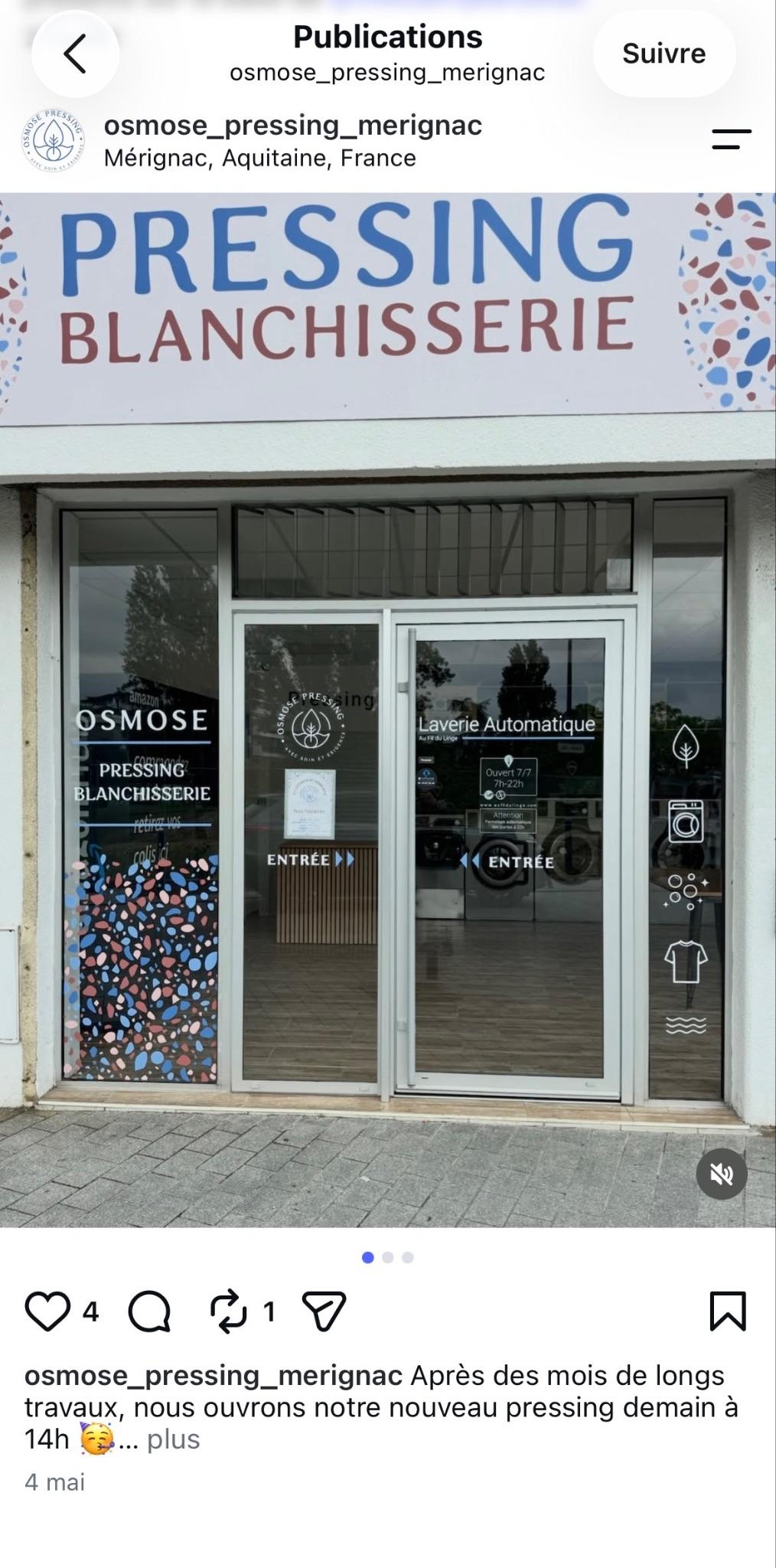 Publication Instagram d’Osmose Pressing Mérignac montrant la devanture du pressing
