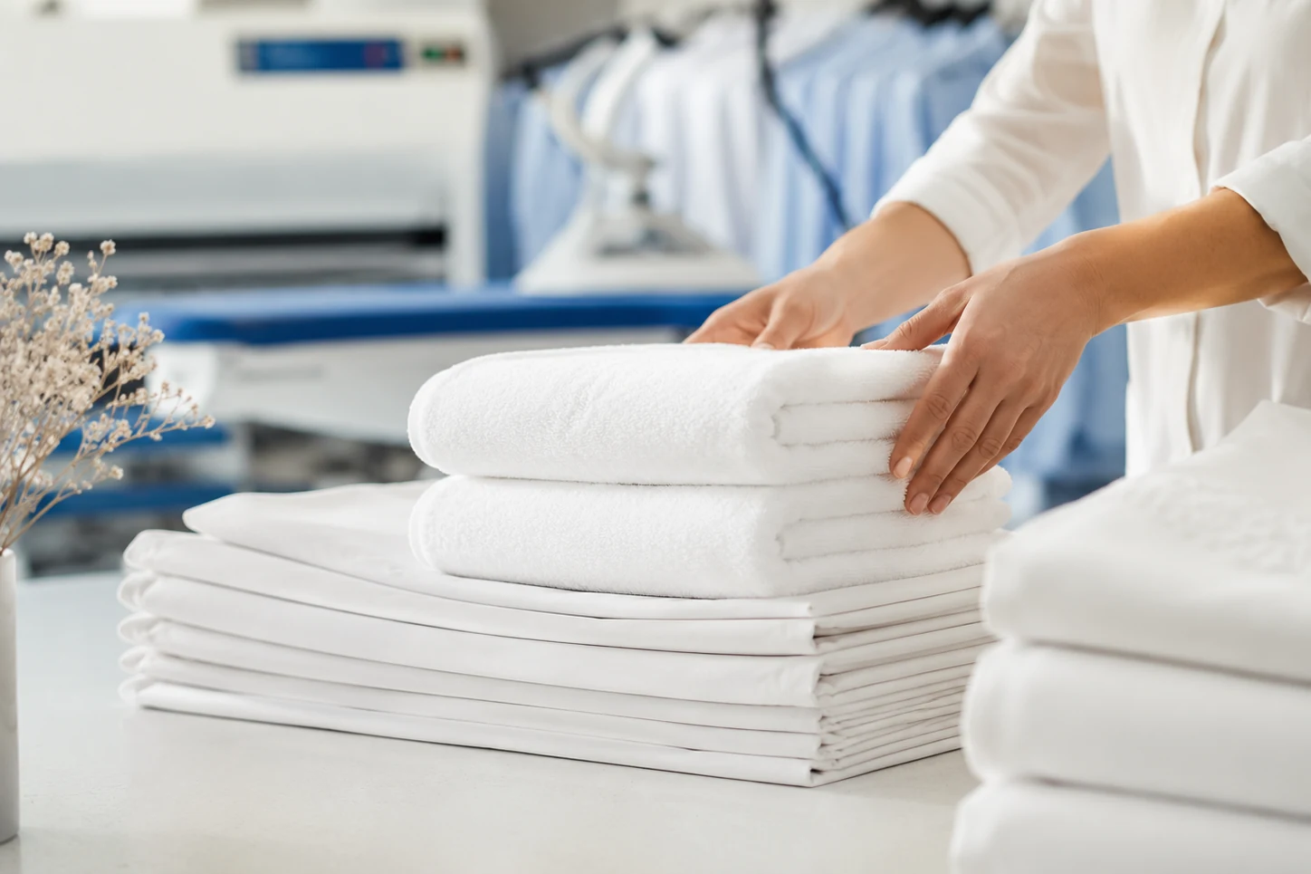 Linge professionnel soigneusement plié au pressing